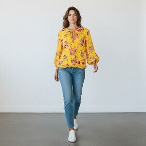 Umgee Womens L Bright Yellow Red Roses Cross Over Front High Low Boho Hippie Top